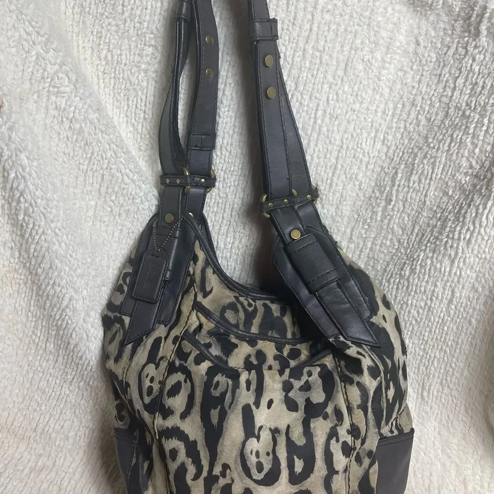 a.n.a Leopard Print 100%Pig skin dark gray faux leather trim hobo Bag